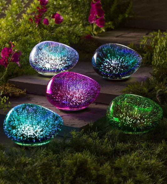 Plow & Hearth Outdoor Lamps & Lighting Outdoor Living Lighted Art Glass Decorative Glowing Garden Rocks - Blue