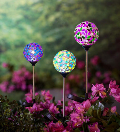 Plow & Hearth Outdoor Lamps & Lighting Outdoor Living Pieced Glass Mosaic Solar Garden Stakes, Set Of 3