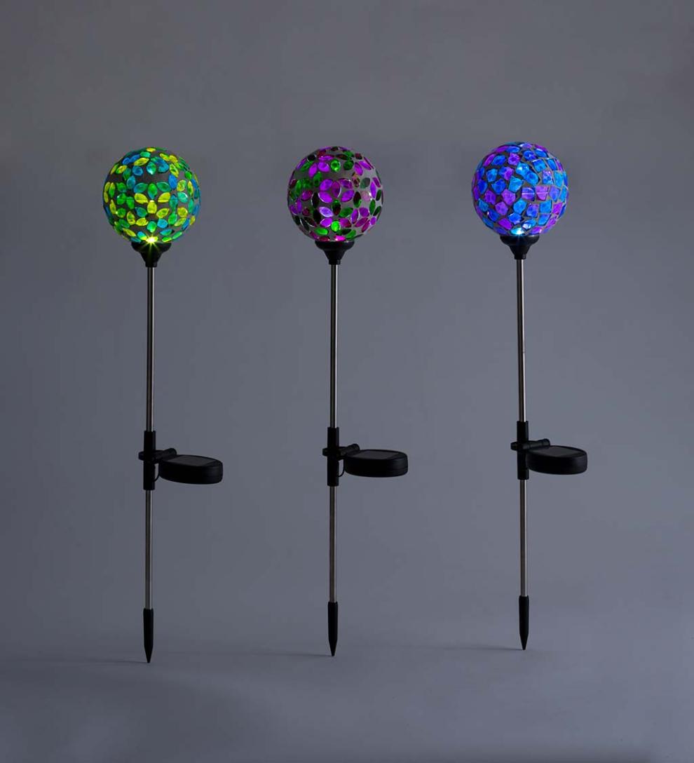 Plow & Hearth Outdoor Lamps & Lighting Outdoor Living Pieced Glass Mosaic Solar Garden Stakes, Set Of 3