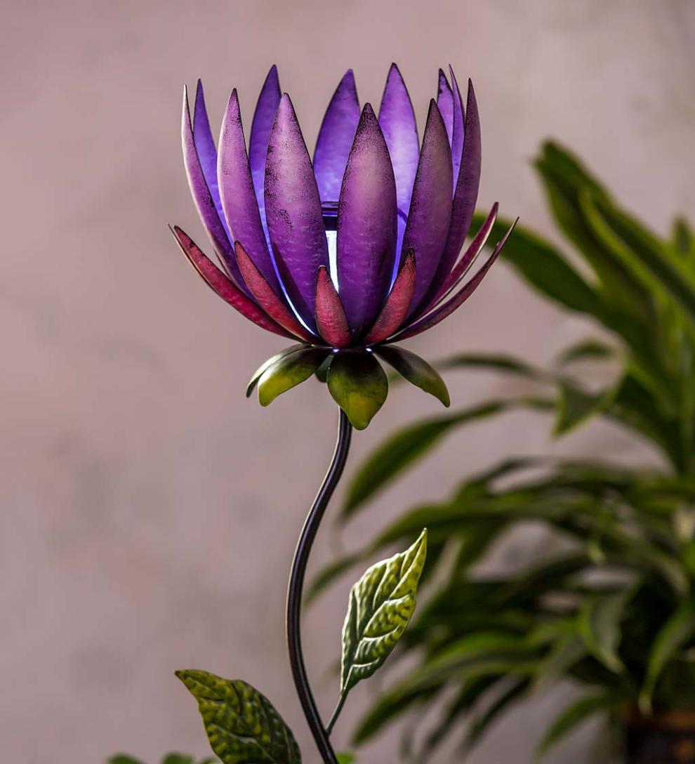 Plow & Hearth Outdoor Lamps & Lighting Outdoor Living Purple Solar Lotus Flower Garden Stake