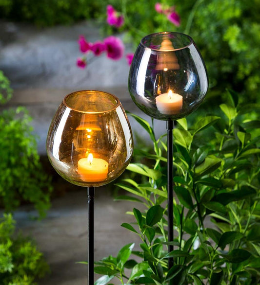 Plow & Hearth Outdoor Lamps & Lighting Outdoor Living Smokey Glass Goblet Garden Stakes, Set Of 2