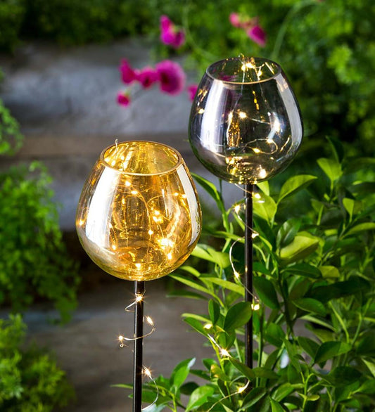 Plow & Hearth Outdoor Lamps & Lighting Outdoor Living Smokey Glass Goblet Garden Stakes, Set Of 2