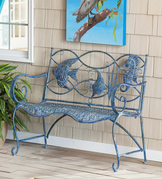Plow & Hearth Outdoor Seating Sets Outdoor Living Blue Tropical Fish Metal Bench