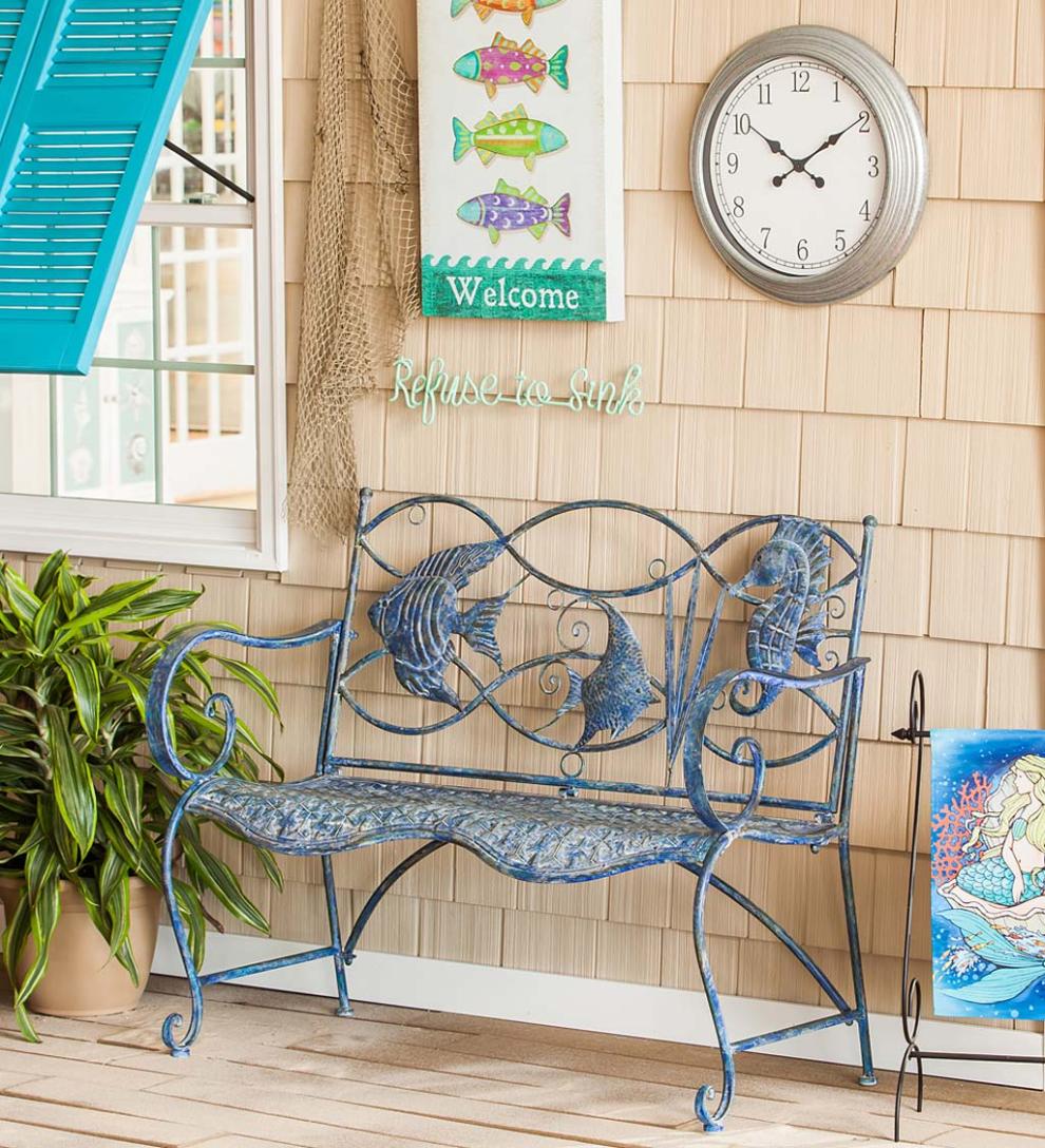 Plow & Hearth Outdoor Seating Sets Outdoor Living Blue Tropical Fish Metal Bench
