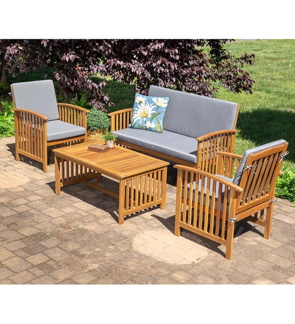 Plow & Hearth Outdoor Seating Sets Outdoor Living Mission Style Acadia Wood Outdoor Seating Set With Cushions - Natural