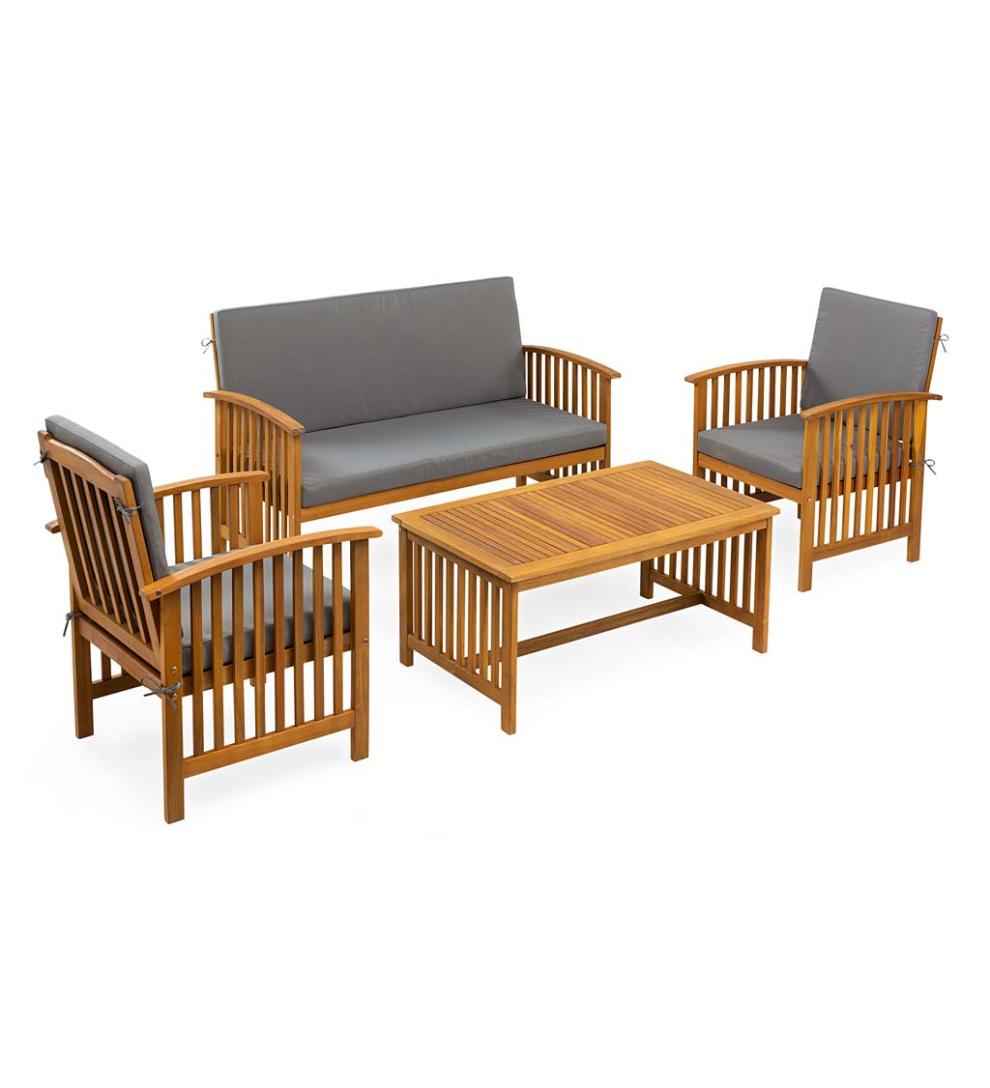 Plow & Hearth Outdoor Seating Sets Outdoor Living Mission Style Acadia Wood Outdoor Seating Set With Cushions - Natural