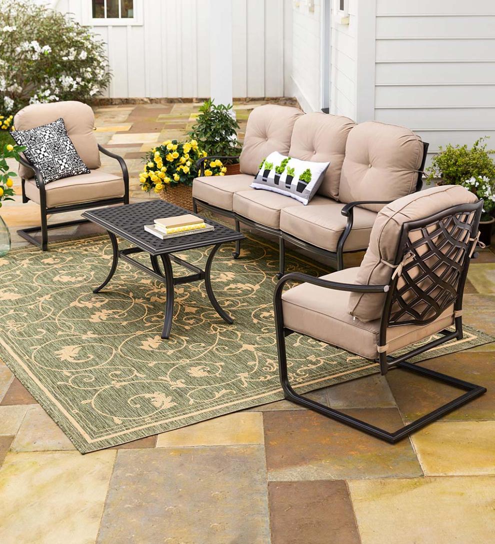 Plow & Hearth Outdoor Seating Sets Outdoor Living Park Grove Cast Aluminum Outdoor 4-Piece Deep Seating Sofa Set With Cushions