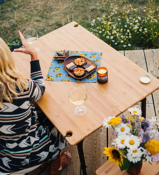 Plow & Hearth Outdoor Side Tables Outdoor Living Bamboo Adjustable Height Folding Camp Table With Wine Glass Holders - Bamboo/Bronze