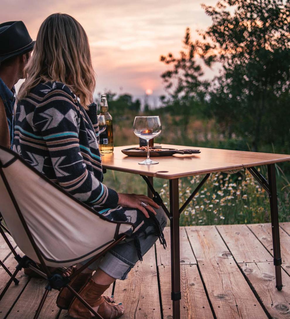 Plow & Hearth Outdoor Side Tables Outdoor Living Bamboo Adjustable Height Folding Camp Table With Wine Glass Holders - Bamboo/Bronze