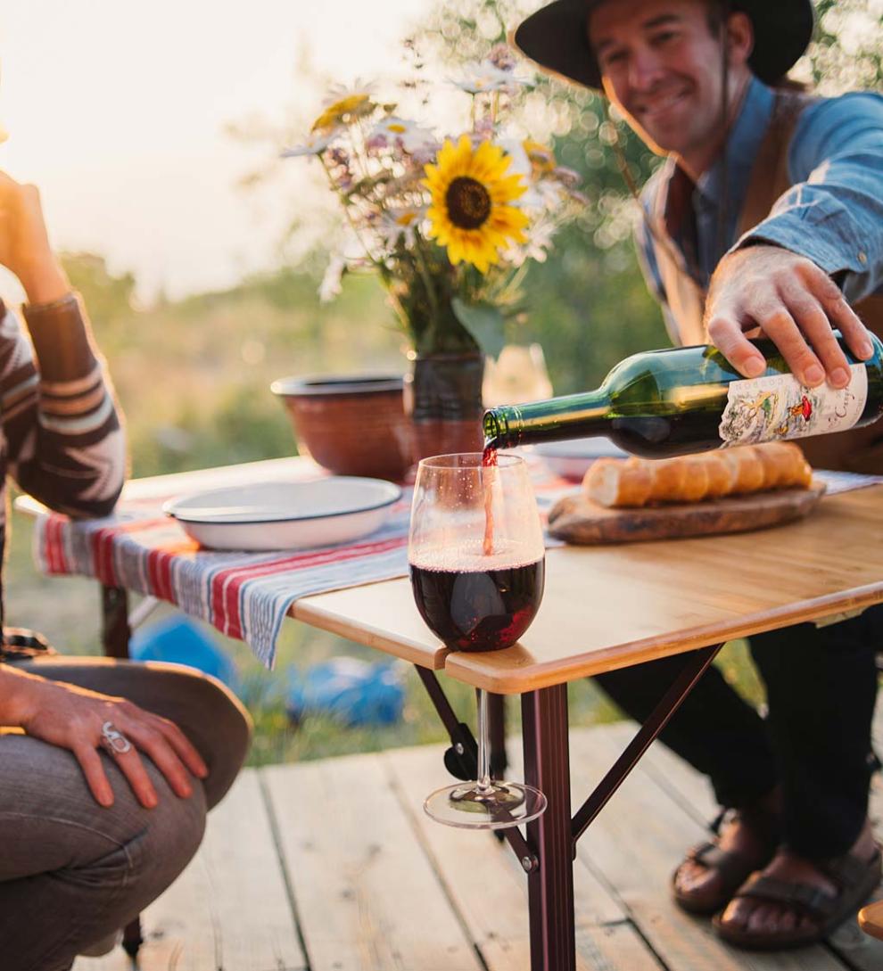 Plow & Hearth Outdoor Side Tables Outdoor Living Bamboo Adjustable Height Folding Camp Table With Wine Glass Holders - Bamboo/Bronze