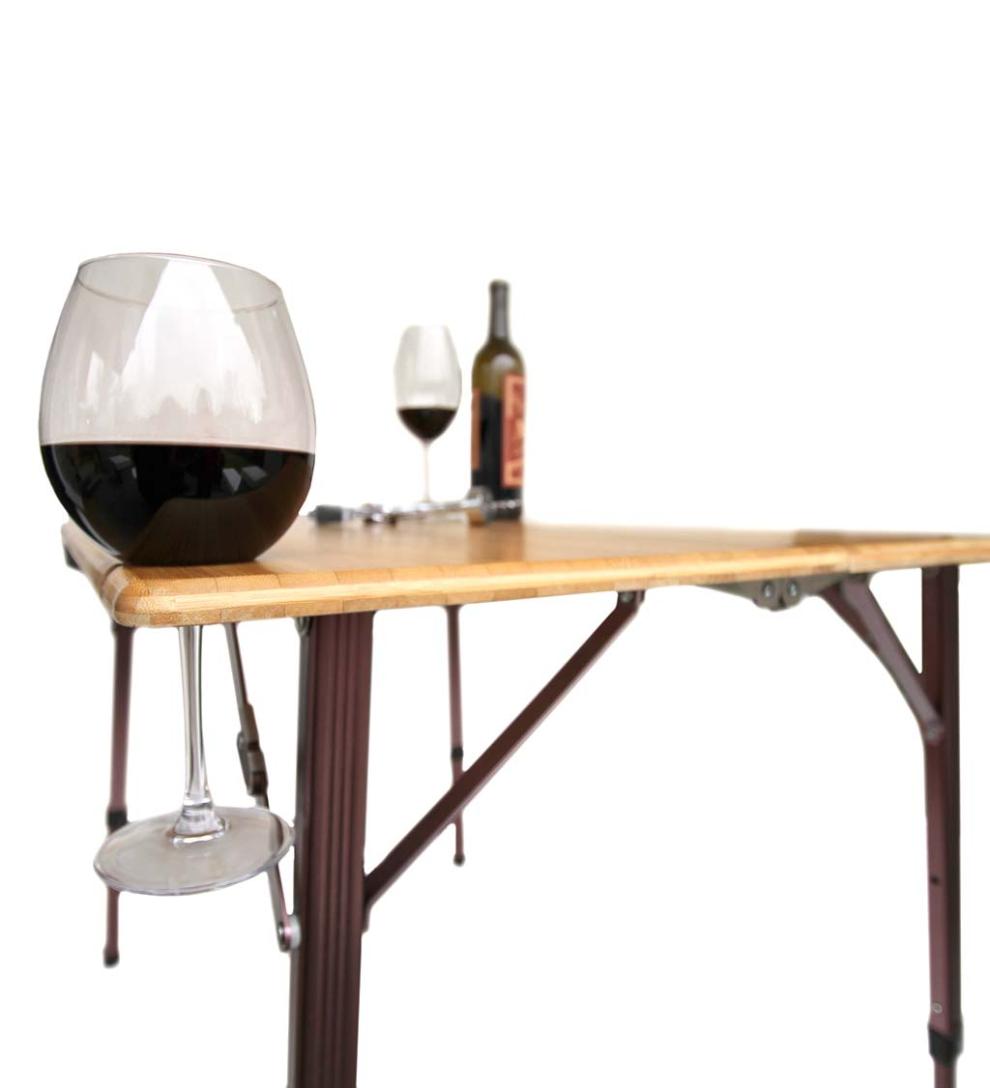 Plow & Hearth Outdoor Side Tables Outdoor Living Bamboo Adjustable Height Folding Camp Table With Wine Glass Holders - Bamboo/Bronze