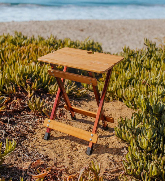 Plow & Hearth Outdoor Side Tables Outdoor Living Bamboo Folding Camp Side Table With Wine Glass Holder - Bamboo/Bronze