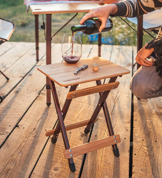 Plow & Hearth Outdoor Side Tables Outdoor Living Bamboo Folding Camp Side Table With Wine Glass Holder - Bamboo/Bronze