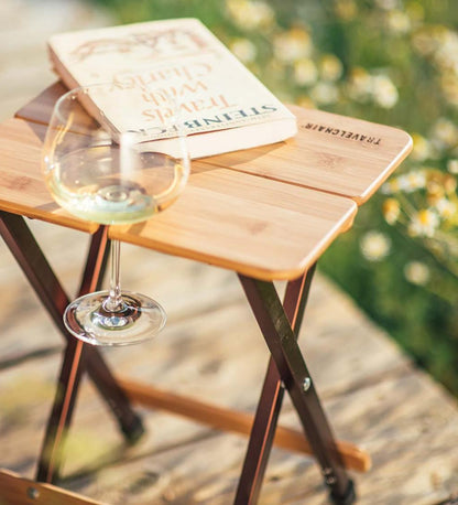 Plow & Hearth Outdoor Side Tables Outdoor Living Bamboo Folding Camp Side Table With Wine Glass Holder - Bamboo/Bronze