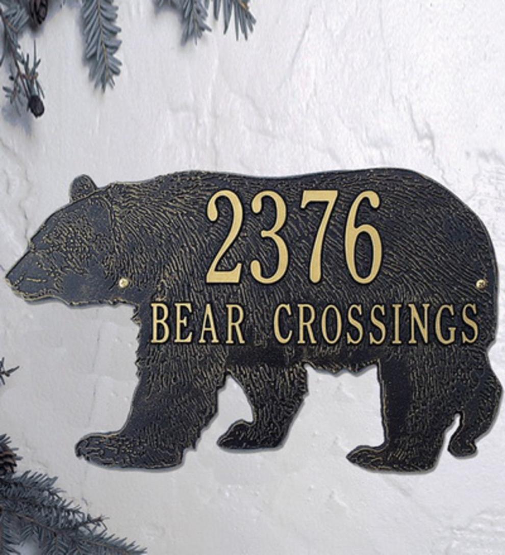 Plow & Hearth Outdoor Wall Art Outdoor Living American-Made Bear Silhouette Address Plaque In Cast Aluminum - Black