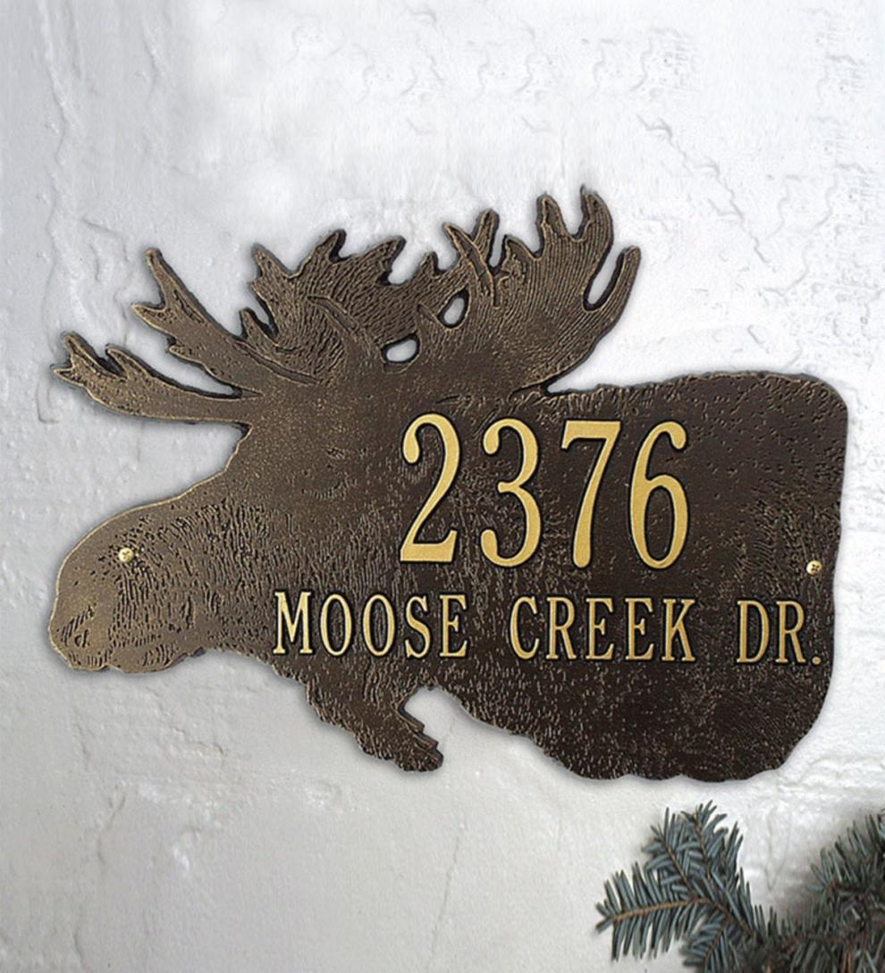 Plow & Hearth Outdoor Wall Art Outdoor Living American-Made Moose Silhouette Address Plaque In Cast Aluminum - Black