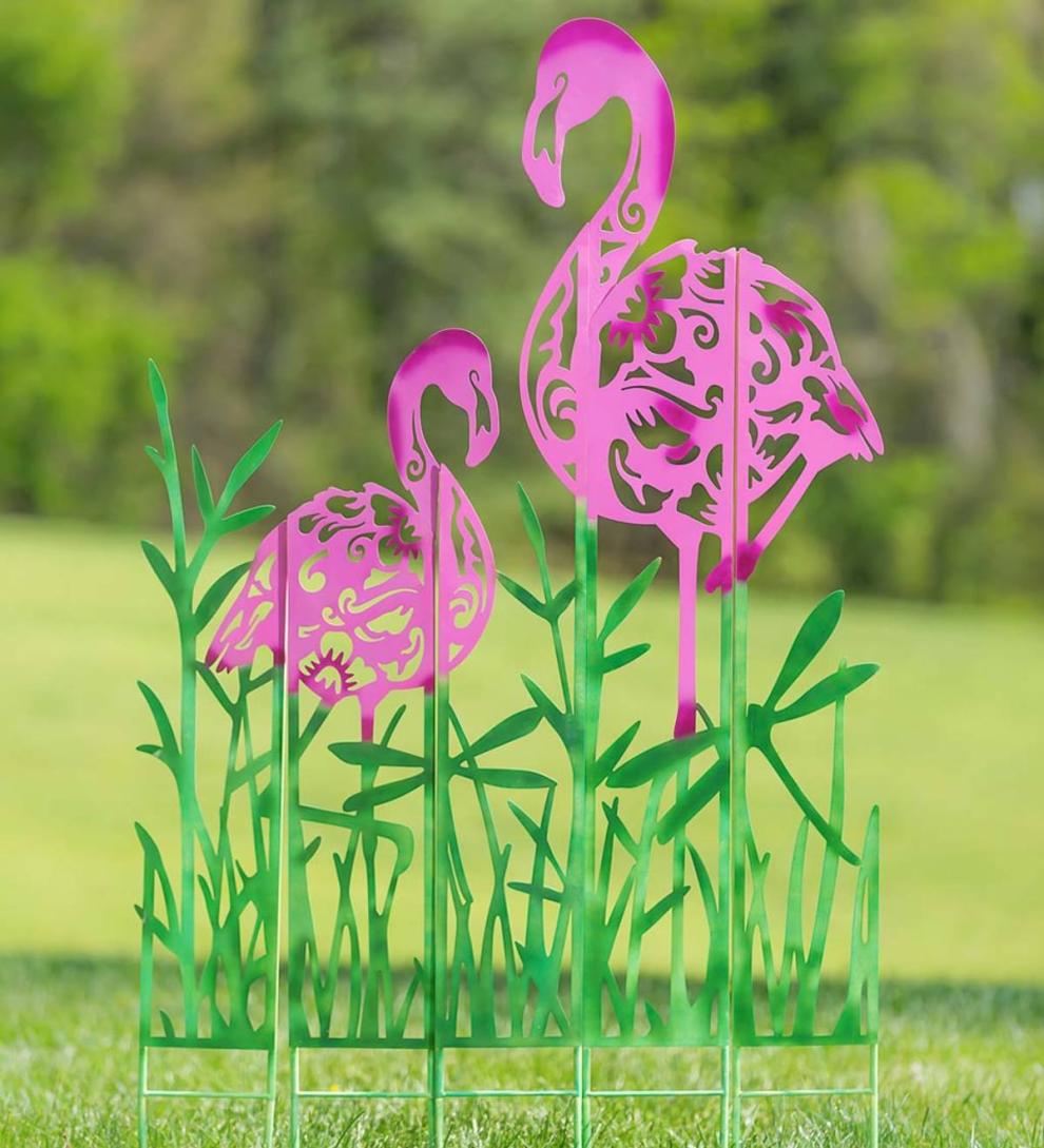 Plow & Hearth Outdoor Wall Art Outdoor Living Metal Flamingo Landscape Panel Stakes, Set Of 5