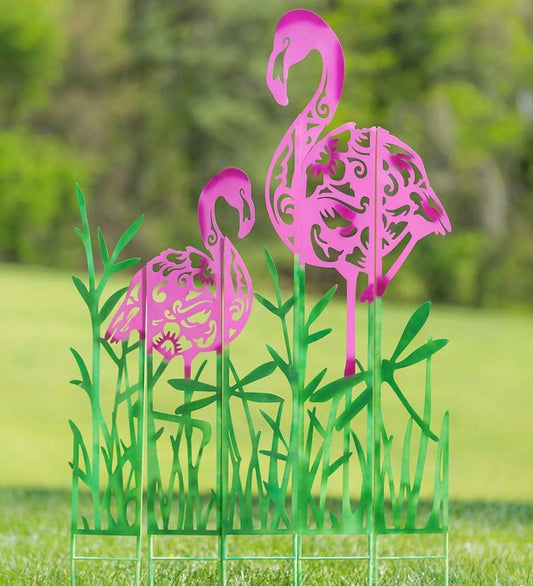Plow & Hearth Outdoor Wall Art Outdoor Living Metal Flamingo Landscape Panel Stakes, Set Of 5
