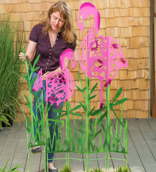 Plow & Hearth Outdoor Wall Art Outdoor Living Metal Flamingo Landscape Panel Stakes, Set Of 5