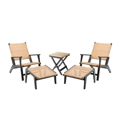 Plow & Hearth Outdoor Wicker Outdoor Living Claytor Eucalyptus Outdoor 2 Chairs And 2 Ottomans With Table, 5-Piece Set - Black