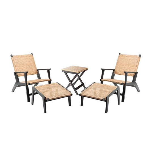 Plow & Hearth Outdoor Wicker Outdoor Living Claytor Eucalyptus Outdoor 2 Chairs And 2 Ottomans With Table, 5-Piece Set - Black