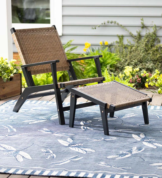 Plow & Hearth Outdoor Wicker Outdoor Living Claytor Eucalyptus Outdoor Furniture, Chair And Ottoman, 2-Piece Set - Black