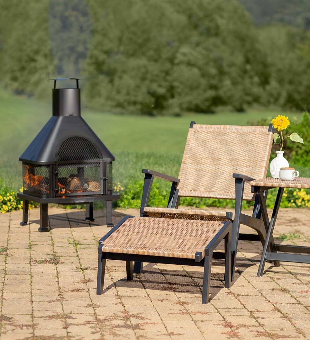 Plow & Hearth Outdoor Wicker Outdoor Living Claytor Eucalyptus Outdoor Furniture, Chair And Ottoman, 2-Piece Set - Black