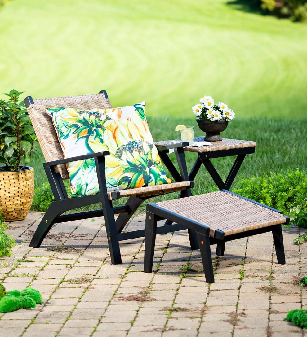 Plow & Hearth Outdoor Wicker Outdoor Living Claytor Eucalyptus Outdoor Furniture, Chair And Ottoman, 2-Piece Set - Black