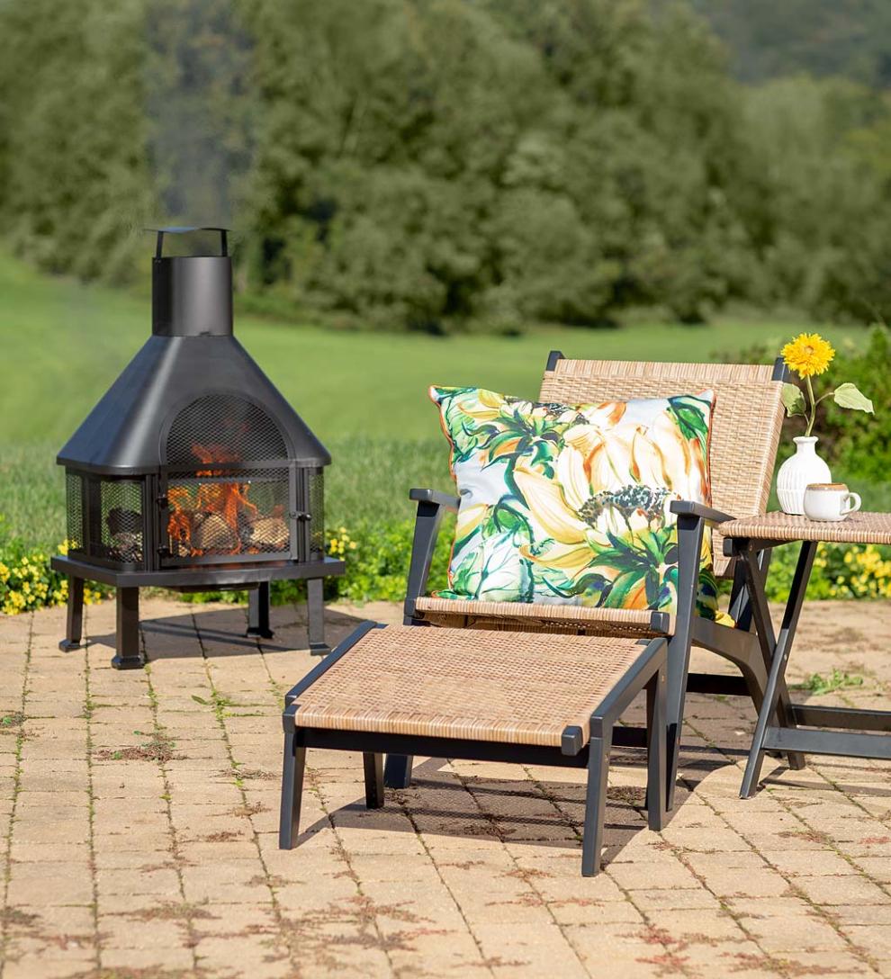 Plow & Hearth Outdoor Wicker Outdoor Living Claytor Eucalyptus Outdoor Furniture, Chair And Ottoman, 2-Piece Set - Black