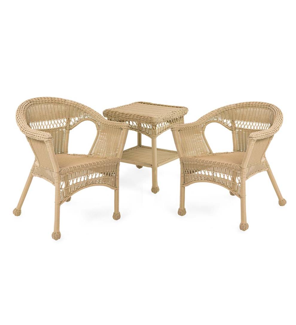 Plow & Hearth Outdoor Wicker Outdoor Living Easy Care Resin Wicker Furniture Set, Two Chairs And End Table - Black