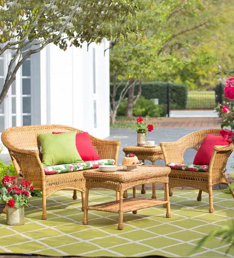 Plow & Hearth Outdoor Wicker Outdoor Living Easy Care Resin Wicker Love Seat, Chairs And Coffee Table Set