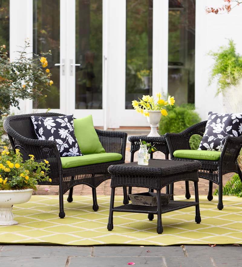 Plow & Hearth Outdoor Wicker Outdoor Living Easy Care Resin Wicker Love Seat, Chairs And Coffee Table Set