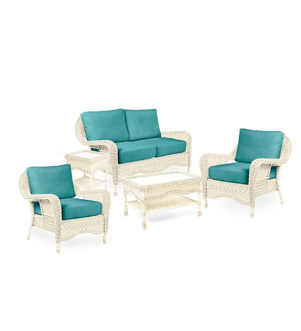 Plow & Hearth Outdoor Wicker Outdoor Living Prospect Hill Outdoor Wicker Deep Seating Love Seat Set With Cushions - Cloud White With Midnight Navy Cushions