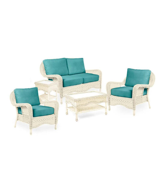 Plow & Hearth Outdoor Wicker Outdoor Living Prospect Hill Outdoor Wicker Deep Seating Love Seat Set With Cushions - Cloud White With Midnight Navy Cushions