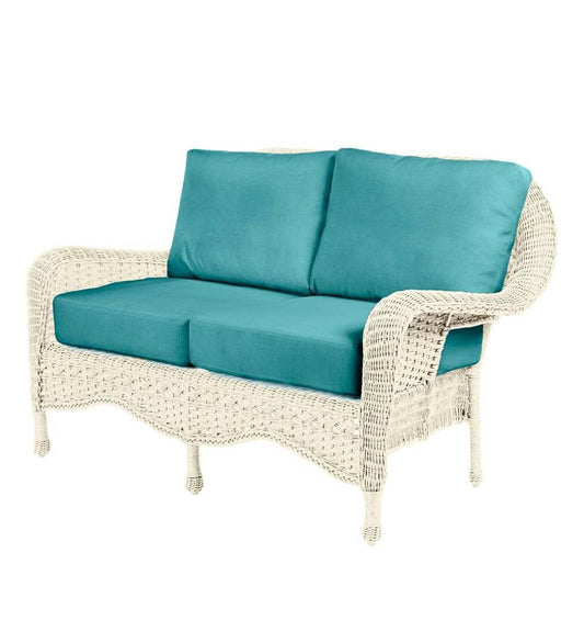 Plow & Hearth Outdoor Wicker Outdoor Living Prospect Hill Outdoor Wicker Deep Seating Love Seat With Cushions - Cloud White With Midnight Navy Cushions