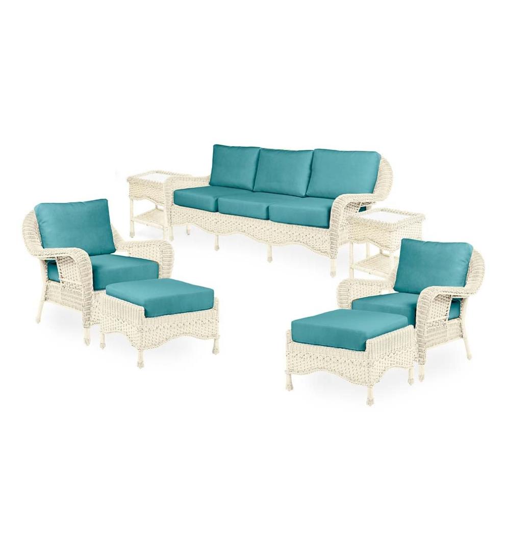 Plow & Hearth Outdoor Wicker Outdoor Living Prospect Hill Outdoor Wicker Deep Seating Sofa Set With Cushions - Cloud White With Forest Green Cushions