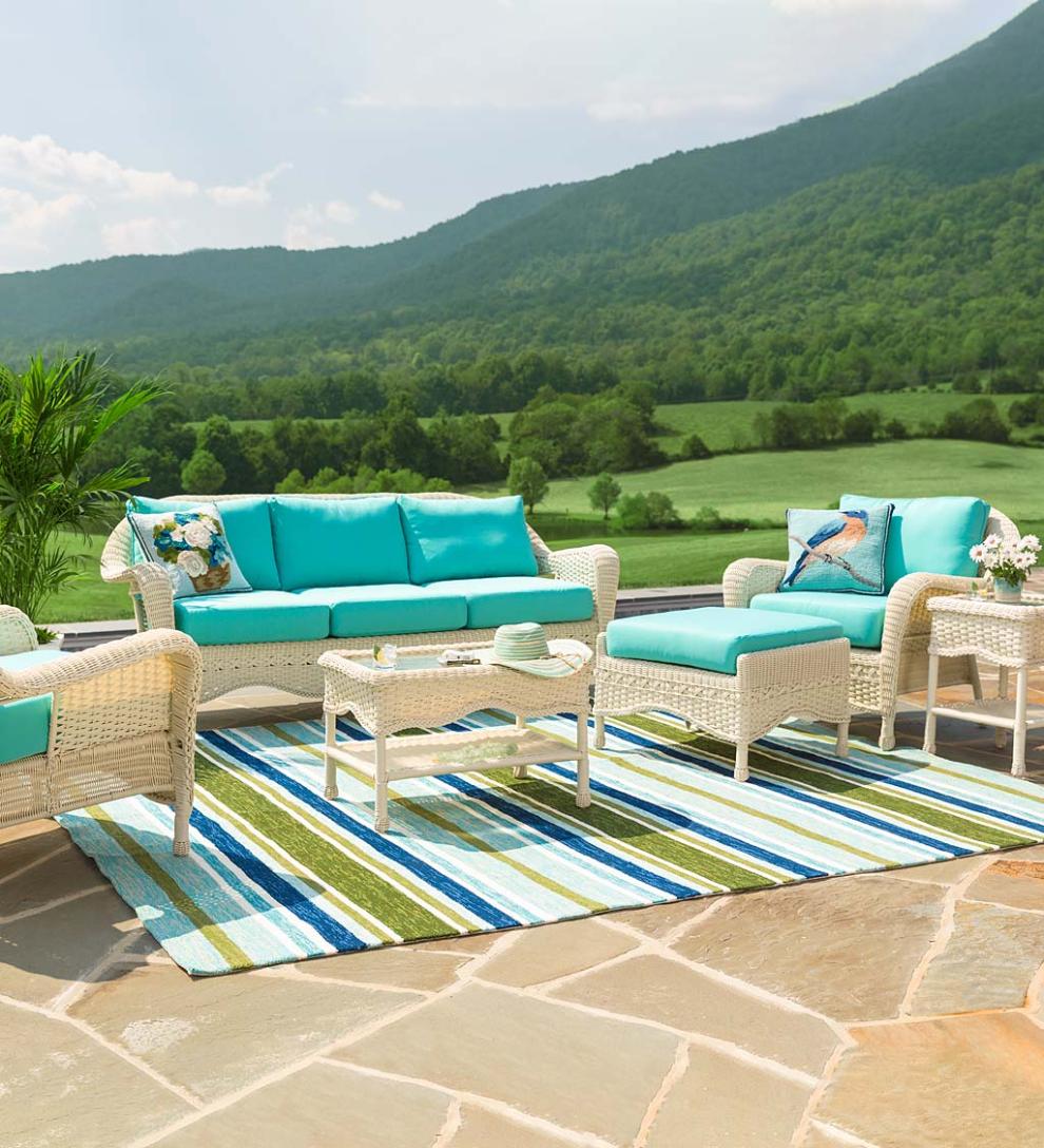 Plow & Hearth Outdoor Wicker Outdoor Living Prospect Hill Outdoor Wicker Deep Seating Sofa Set With Cushions - Cloud White With Forest Green Cushions