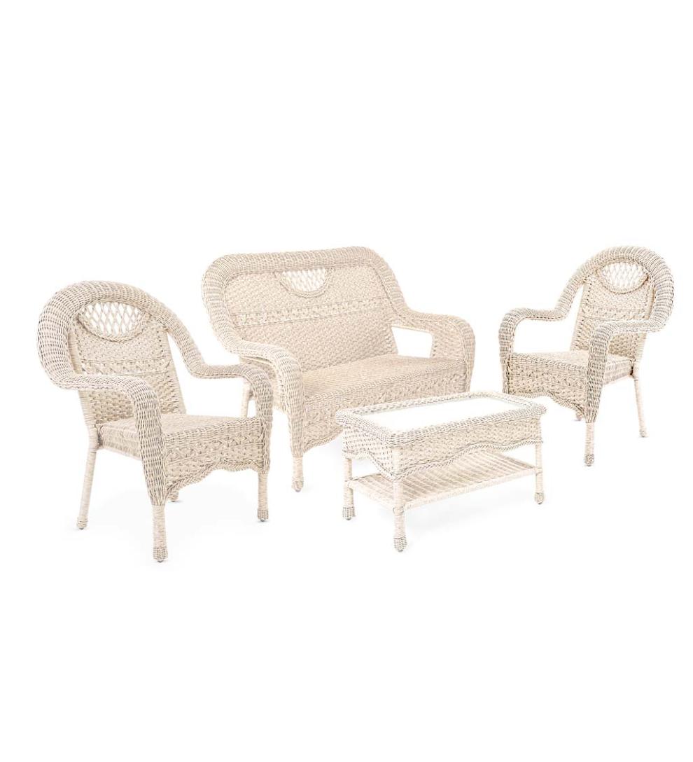 Plow & Hearth Outdoor Wicker Outdoor Living Prospect Hill Wicker Set Of Settee, Two Chairs And Coffee Table - Cloud White