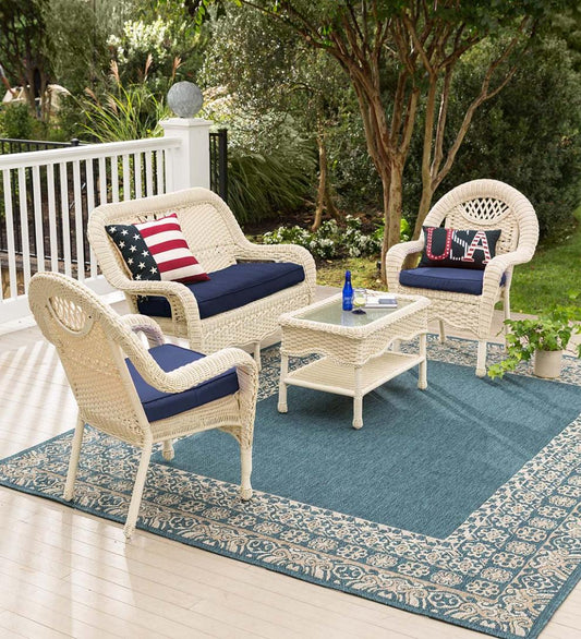 Plow & Hearth Outdoor Wicker Outdoor Living Prospect Hill Wicker Set Of Settee, Two Chairs And Coffee Table - Cloud White