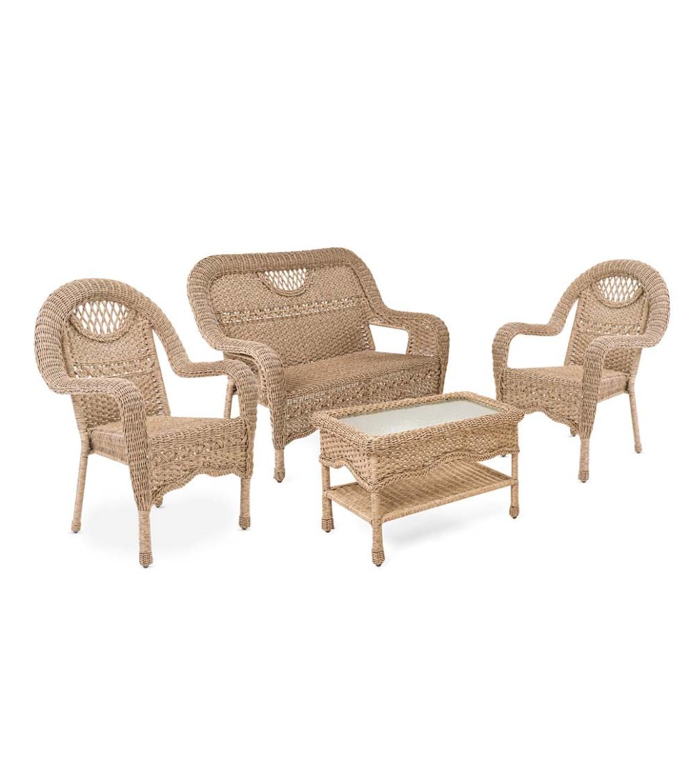 Plow & Hearth Outdoor Wicker Outdoor Living Prospect Hill Wicker Set Of Settee, Two Chairs And Coffee Table - Cloud White
