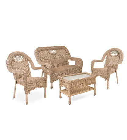 Plow & Hearth Outdoor Wicker Outdoor Living Prospect Hill Wicker Set Of Settee, Two Chairs And Coffee Table - Cloud White