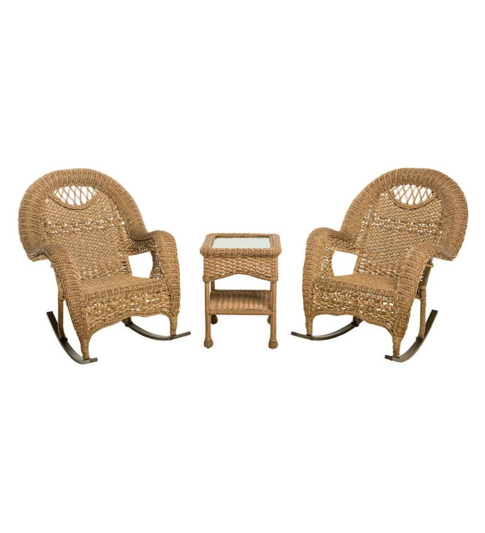 Plow & Hearth Outdoor Wicker Outdoor Living Prospect Hill Wicker Set Of Two Rocking Chairs And End Table - Driftwood