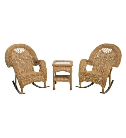 Plow & Hearth Outdoor Wicker Outdoor Living Prospect Hill Wicker Set Of Two Rocking Chairs And End Table - Driftwood