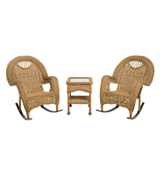 Plow & Hearth Outdoor Wicker Outdoor Living Prospect Hill Wicker Set Of Two Rocking Chairs And End Table - Driftwood