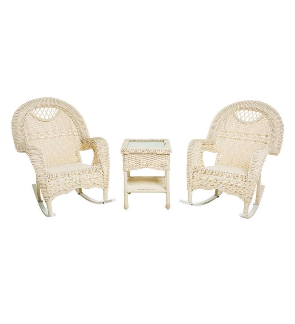 Plow & Hearth Outdoor Wicker Outdoor Living Prospect Hill Wicker Set Of Two Rocking Chairs And End Table - Driftwood