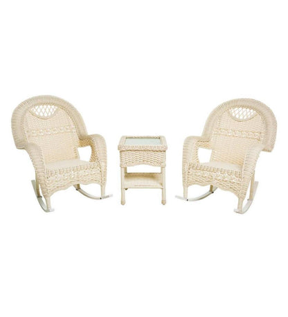 Plow & Hearth Outdoor Wicker Outdoor Living Prospect Hill Wicker Set Of Two Rocking Chairs And End Table - Driftwood