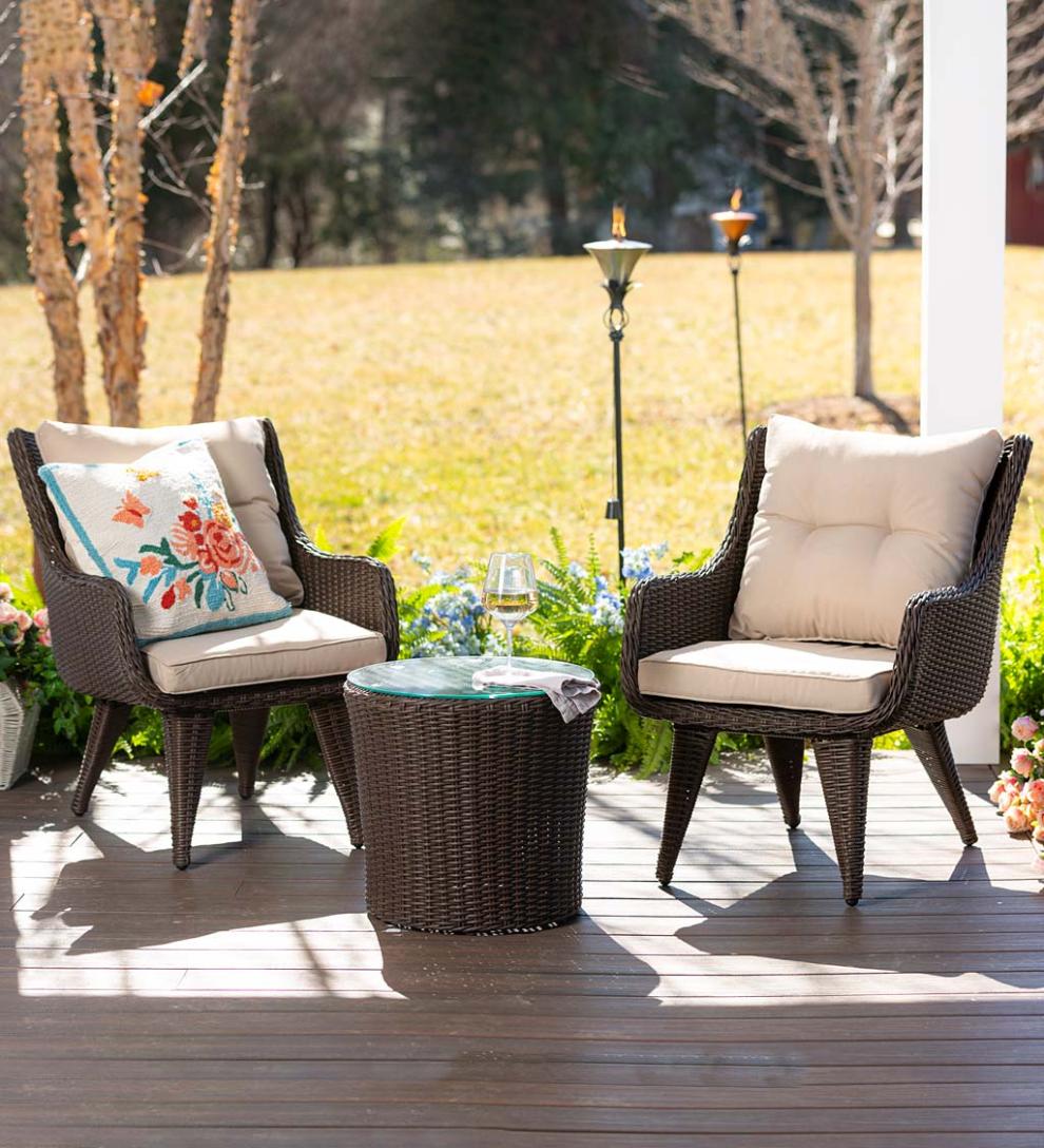 Plow & Hearth Outdoor Wicker Outdoor Living Wicker Chairs With Cushions And Table, 3-Piece Set