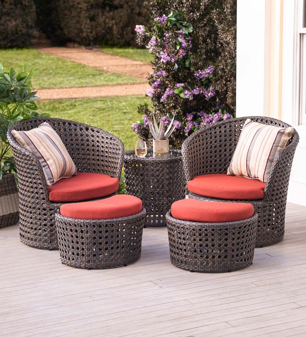 Plow & Hearth Outdoor Wicker Outdoor Living Wicker Conversation Set With Ottomans And Sunbrella Cushions, 5-Piece