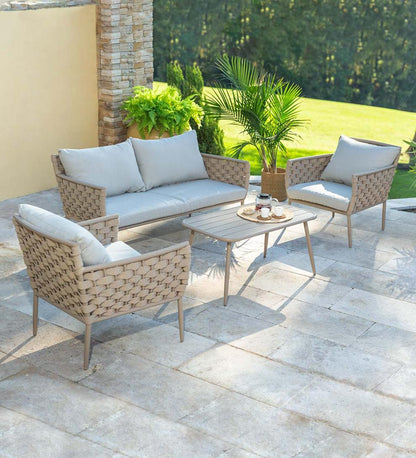 Plow & Hearth Outdoor Wicker Outdoor Living Woven Outdoor Lounge Set With Cushions, 4-Piece - Black