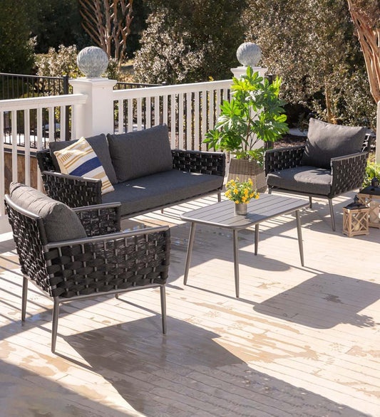 Plow & Hearth Outdoor Wicker Outdoor Living Woven Outdoor Lounge Set With Cushions, 4-Piece - Black